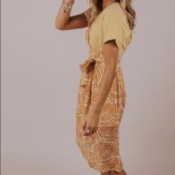 Roolee faux wrap Dress in golden Tan and Cream - Picture 13 of 13